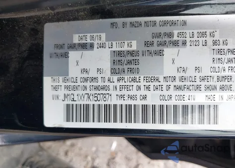 2019 Mazda 6 Signature z USA, uszkodzony, nr VIN JM1GL1XY7K1507871